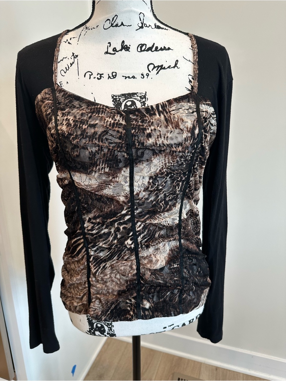 Brown Patterned Mesh and fabric blouse with Black Long Sleeves - LARGE